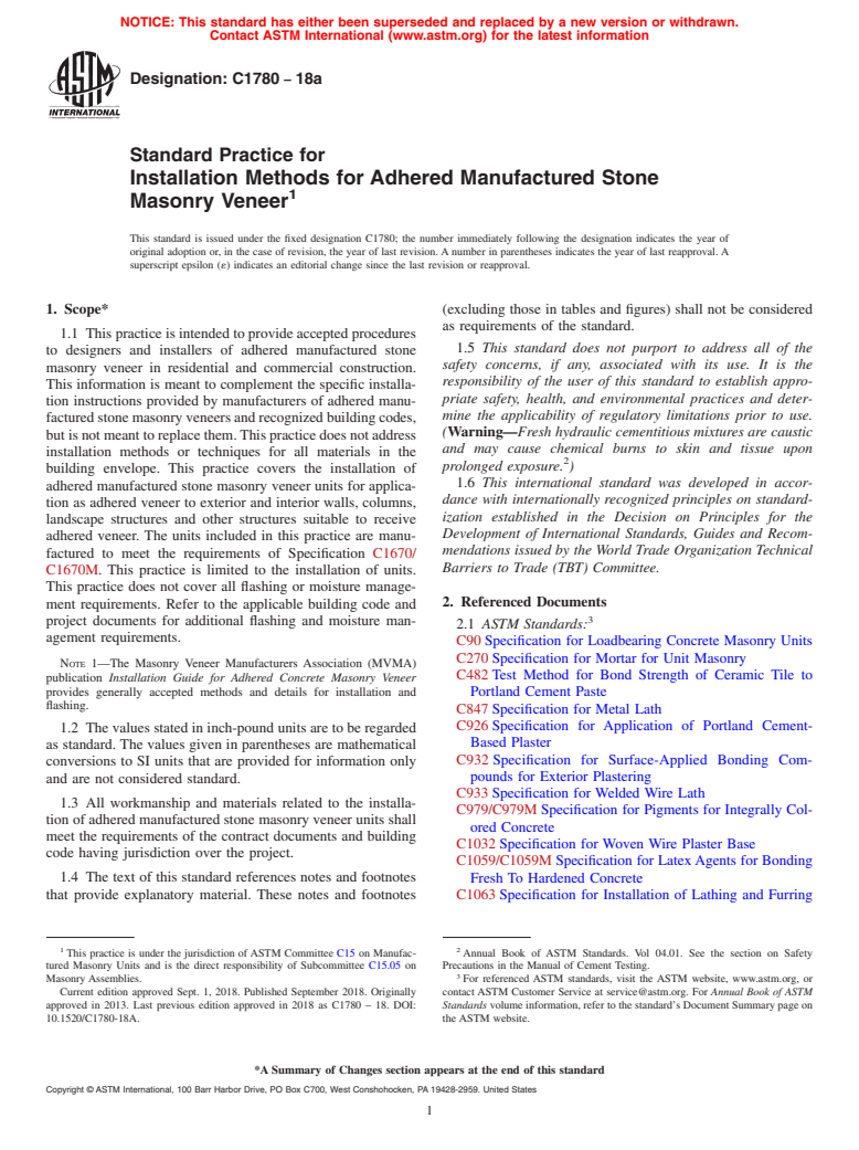 ASTM C1780-18a - Standard Practice for Installation Methods for Adhered Manufactured Stone Masonry  Veneer