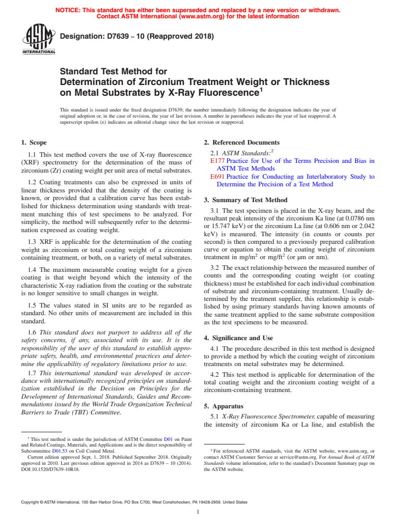 ASTM D7639-10(2018) - Standard Test Method for Determination of Zirconium Treatment Weight or Thickness on   Metal Substrates by X-Ray Fluorescence