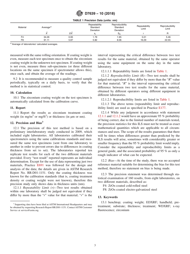 ASTM D7639-10(2018) - Standard Test Method for Determination of Zirconium Treatment Weight or Thickness on   Metal Substrates by X-Ray Fluorescence