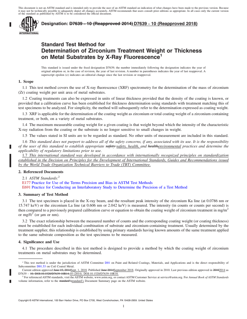 REDLINE ASTM D7639-10(2018) - Standard Test Method for Determination of Zirconium Treatment Weight or Thickness on   Metal Substrates by X-Ray Fluorescence