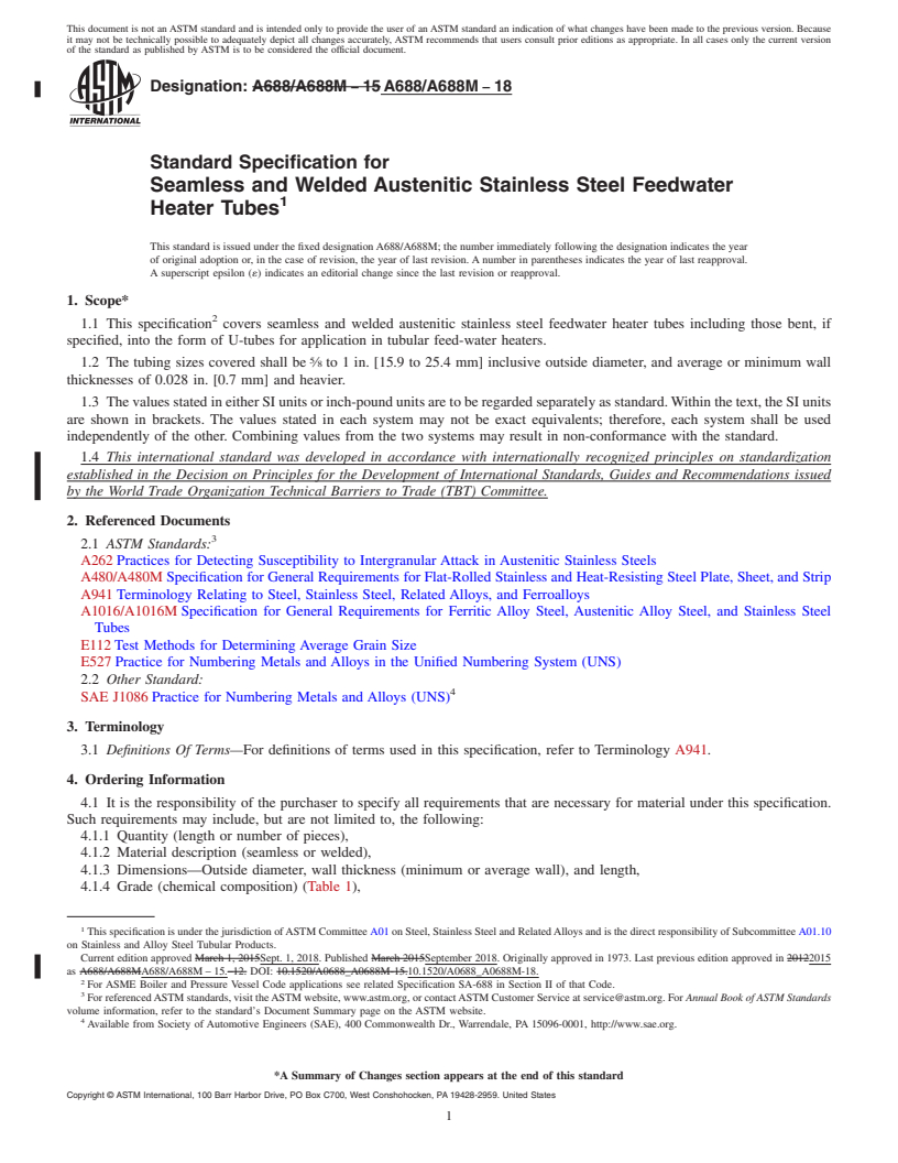 REDLINE ASTM A688/A688M-18 - Standard Specification for  Seamless and Welded Austenitic Stainless Steel Feedwater Heater   Tubes