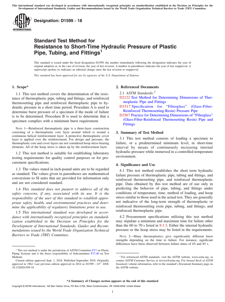 ASTM D1599-18 - Standard Test Method for  Resistance to Short-Time Hydraulic Pressure of Plastic Pipe,   Tubing, and Fittings