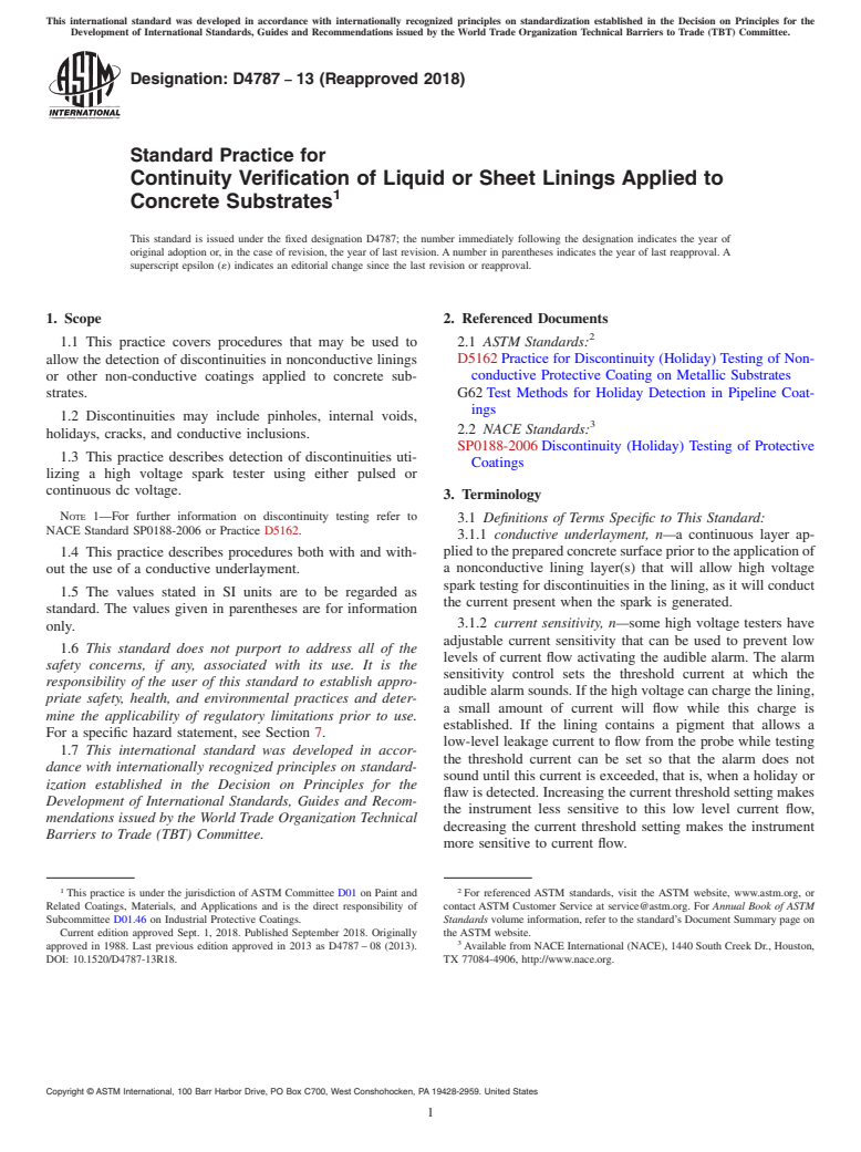 ASTM D4787-13(2018) - Standard Practice for Continuity Verification of Liquid or Sheet Linings Applied  to Concrete        Substrates