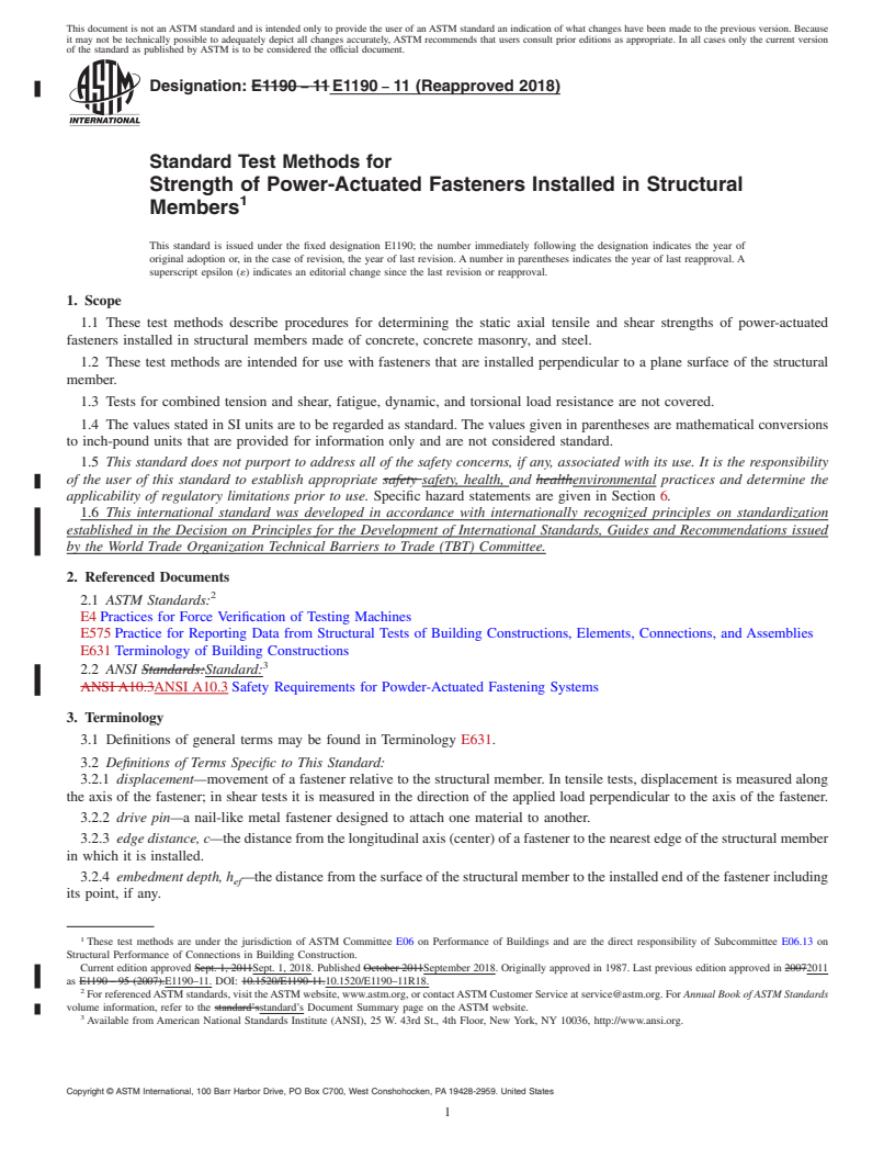 REDLINE ASTM E1190-11(2018) - Standard Test Methods for Strength of Power-Actuated Fasteners Installed in Structural  Members