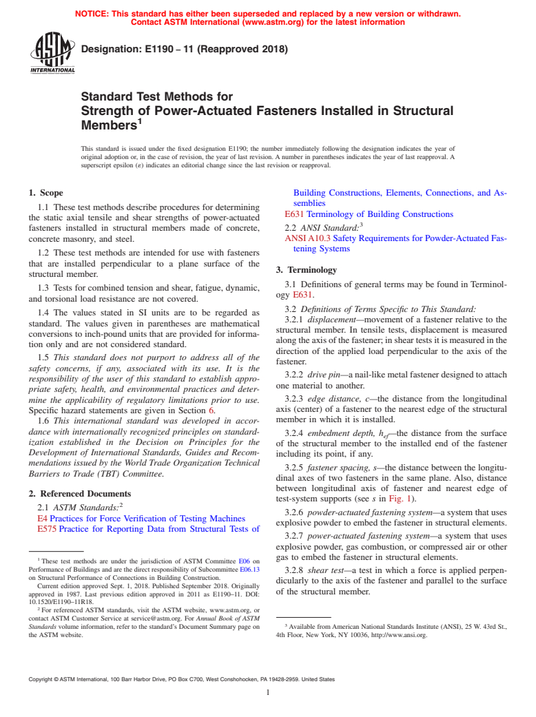 ASTM E1190-11(2018) - Standard Test Methods for Strength of Power-Actuated Fasteners Installed in Structural  Members