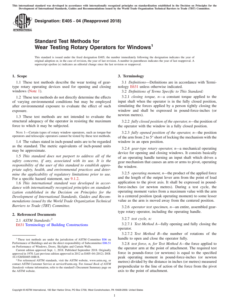 ASTM E405-04(2018) - Standard Test Methods for Wear Testing Rotary Operators for Windows