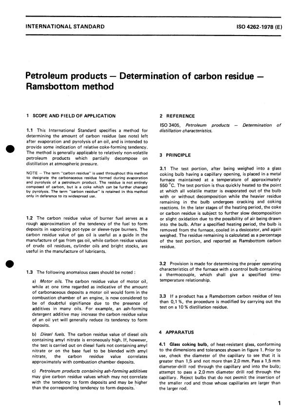 ISO 4262:1978 - Petroleum products -- Determination of carbon residue -- Ramsbottom method