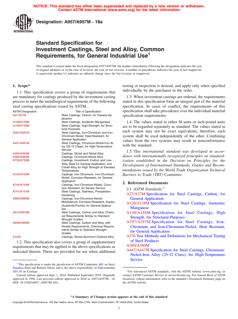 ASTM A957/A957M-18a - Standard Specification for  Investment Castings, Steel and Alloy, Common Requirements,   for General  Industrial Use