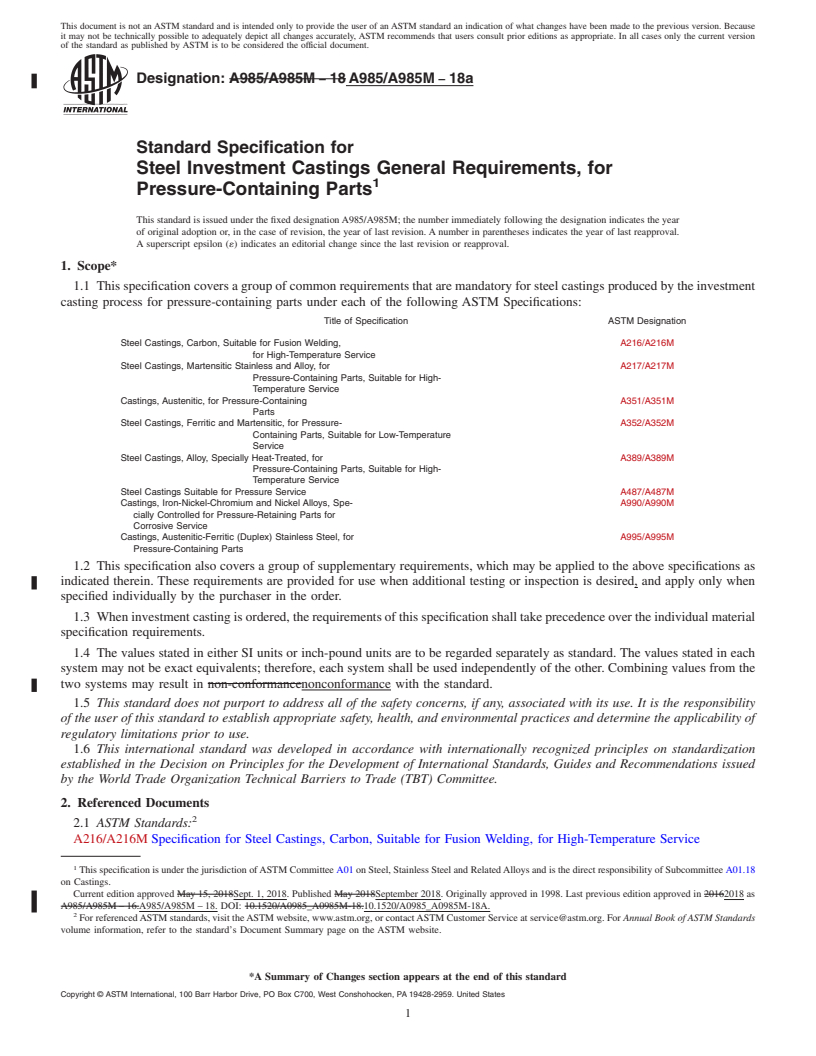 REDLINE ASTM A985/A985M-18a - Standard Specification for  Steel Investment Castings General Requirements, for Pressure-Containing   Parts