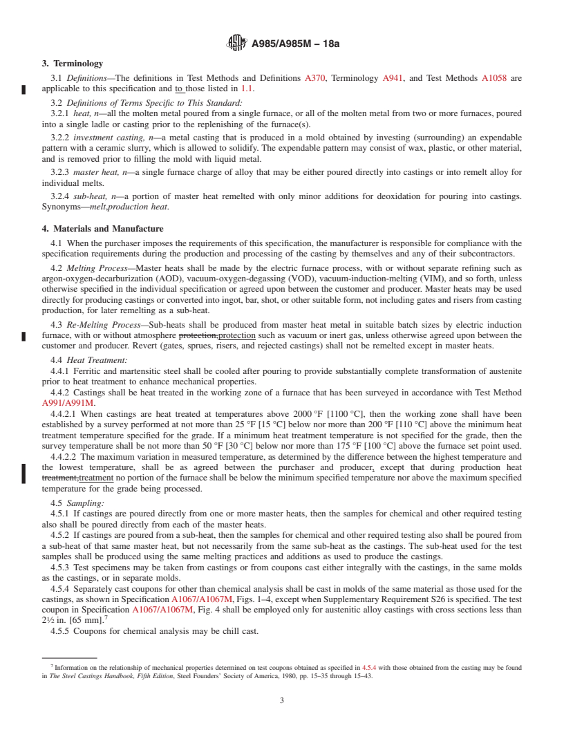 REDLINE ASTM A985/A985M-18a - Standard Specification for  Steel Investment Castings General Requirements, for Pressure-Containing   Parts