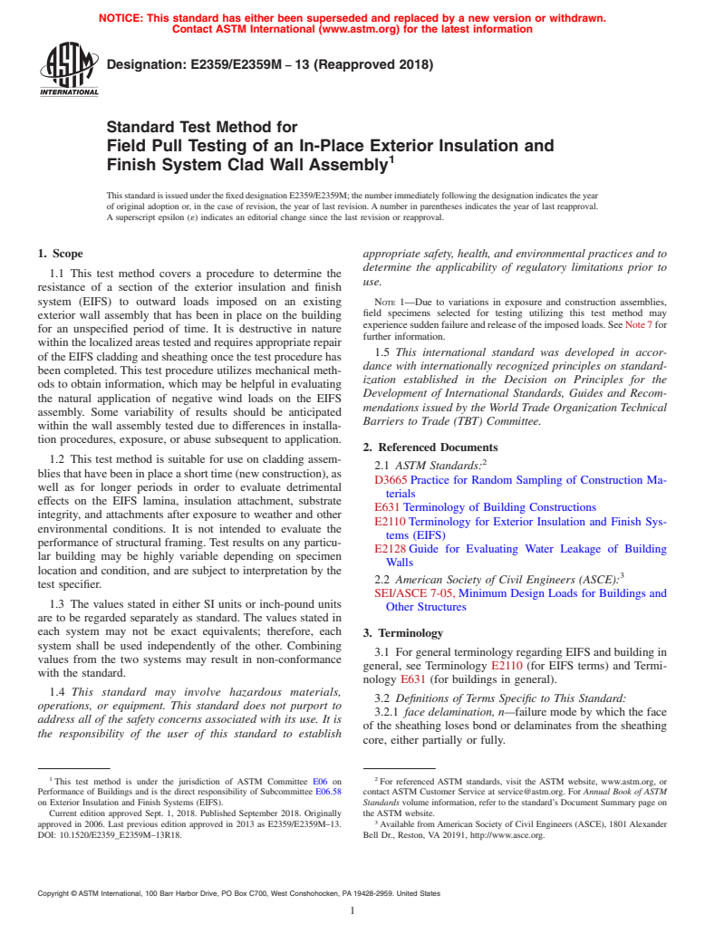 ASTM E2359/E2359M-13(2018) - Standard Test Method for Field Pull Testing of an In-Place Exterior Insulation and Finish  System Clad Wall Assembly