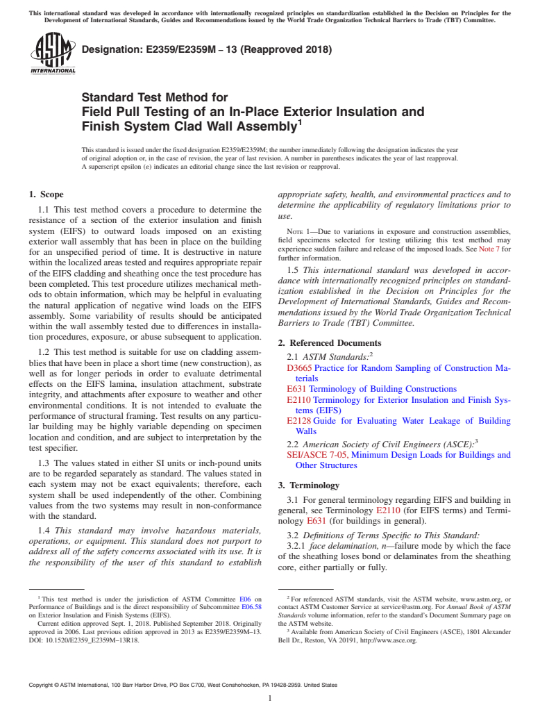 ASTM E2359/E2359M-13(2018) - Standard Test Method for Field Pull Testing of an In-Place Exterior Insulation and Finish  System Clad Wall Assembly