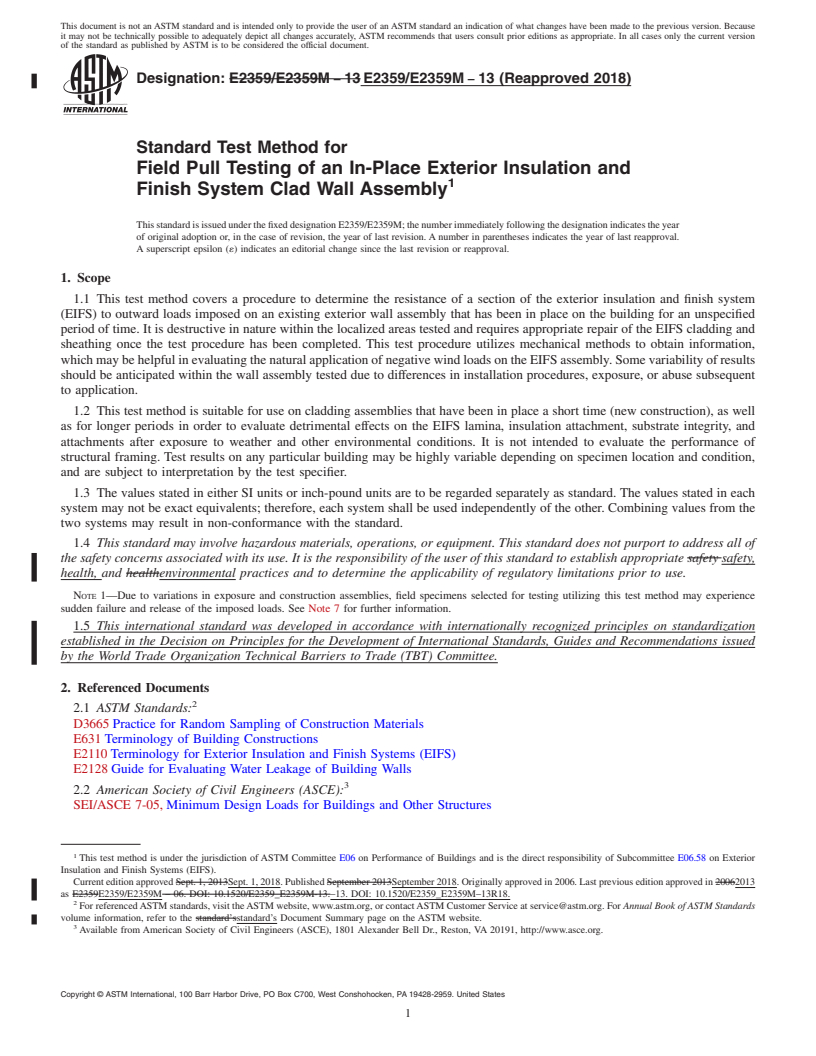 REDLINE ASTM E2359/E2359M-13(2018) - Standard Test Method for Field Pull Testing of an In-Place Exterior Insulation and Finish  System Clad Wall Assembly