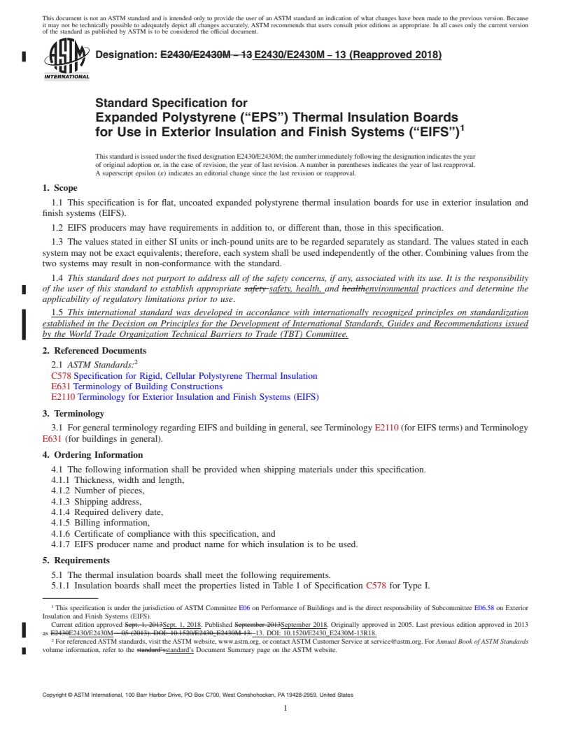 REDLINE ASTM E2430/E2430M-13(2018) - Standard Specification for Expanded Polystyrene (&#x201c;EPS&#x201d;) Thermal Insulation  Boards for Use in Exterior Insulation and Finish Systems (&#x201c;EIFS&#x201d;)