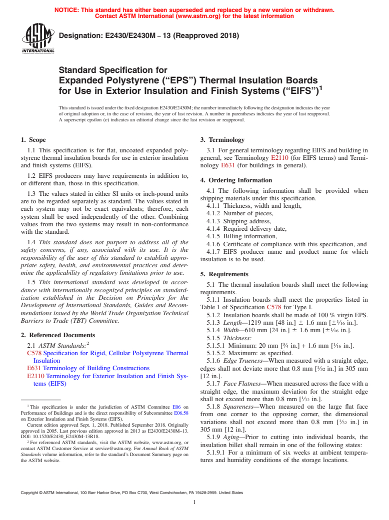 ASTM E2430/E2430M-13(2018) - Standard Specification for Expanded Polystyrene (&#x201c;EPS&#x201d;) Thermal Insulation  Boards for Use in Exterior Insulation and Finish Systems (&#x201c;EIFS&#x201d;)