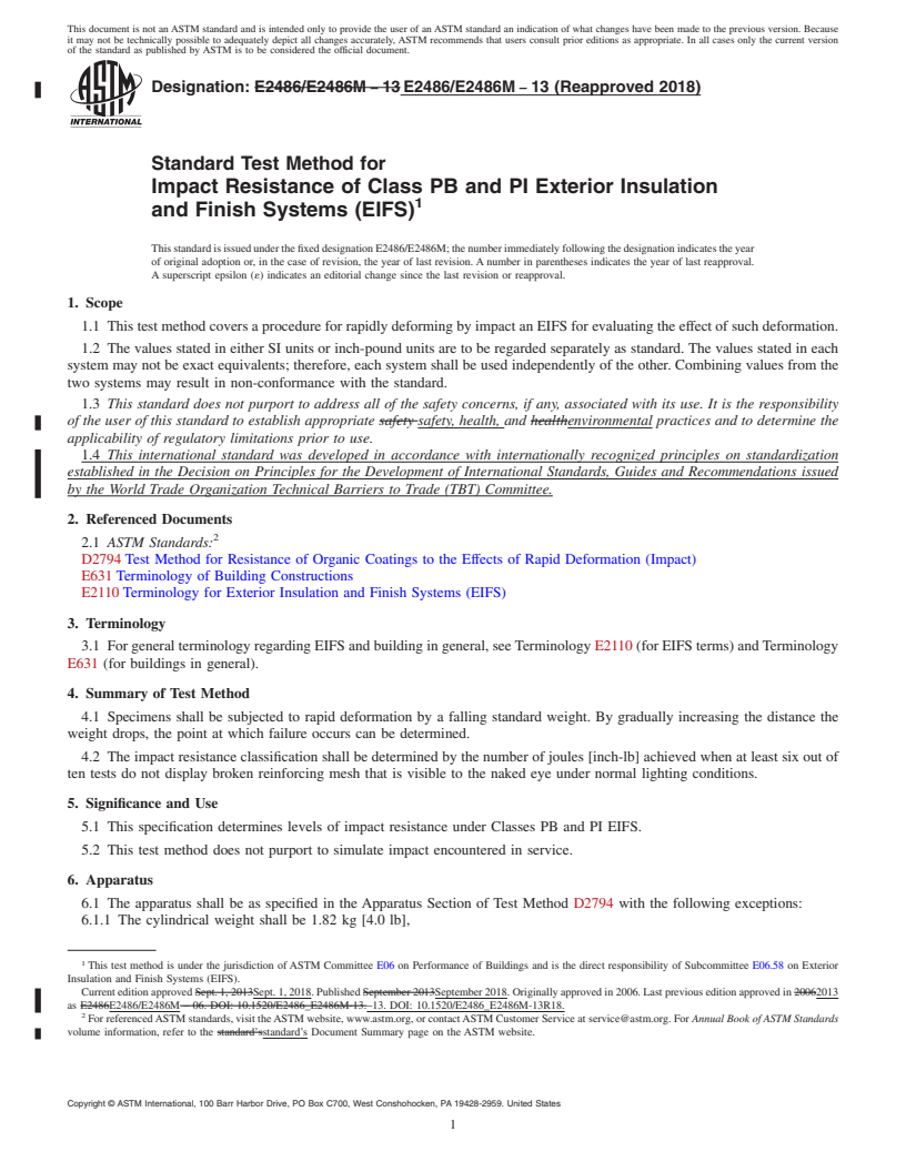 REDLINE ASTM E2486/E2486M-13(2018) - Standard Test Method for Impact Resistance of Class PB and PI Exterior Insulation and  Finish Systems (EIFS)