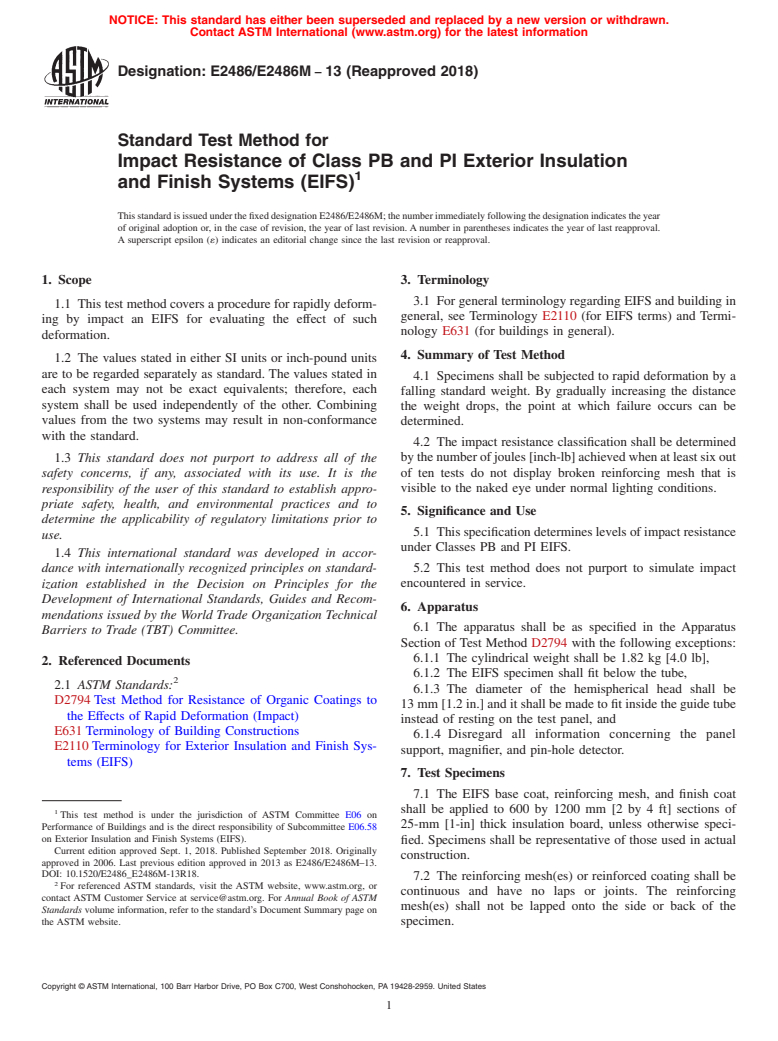 ASTM E2486/E2486M-13(2018) - Standard Test Method for Impact Resistance of Class PB and PI Exterior Insulation and  Finish Systems (EIFS)