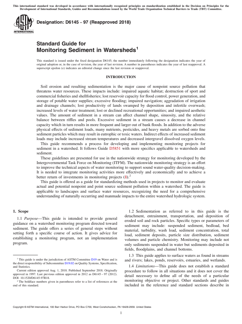 ASTM D6145-97(2018) - Standard Guide for  Monitoring Sediment in Watersheds