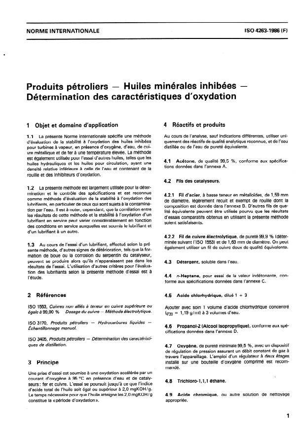 ISO 4263:1986 - Produits pétroliers -- Huiles minérales inhibées -- Détermination des caractéristiques d'oxydation