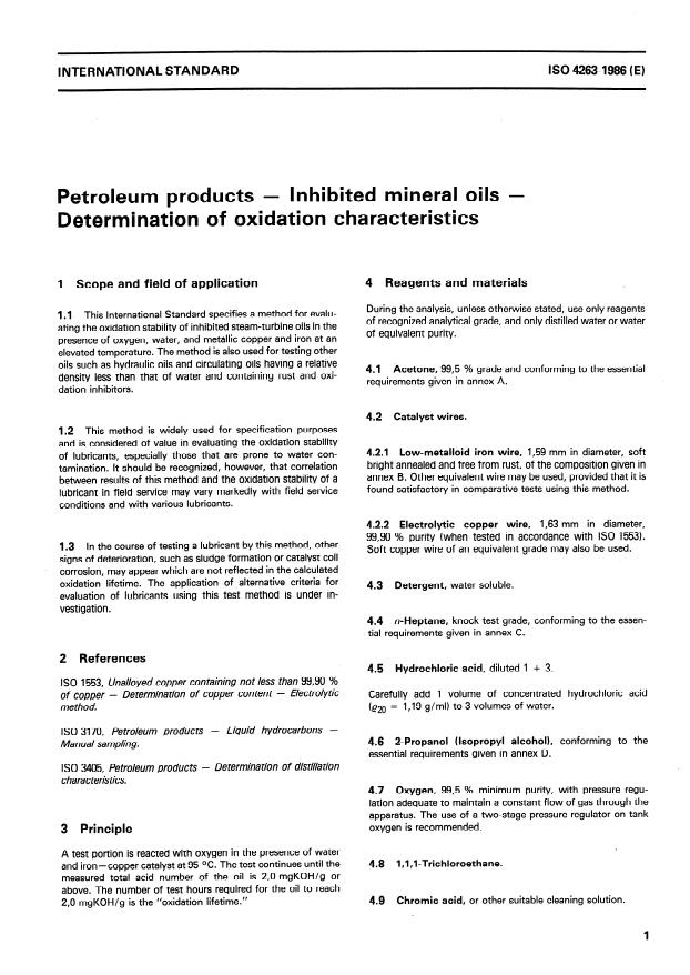 ISO 4263:1986 - Petroleum products -- Inhibited mineral oils -- Determination of oxidation characteristics