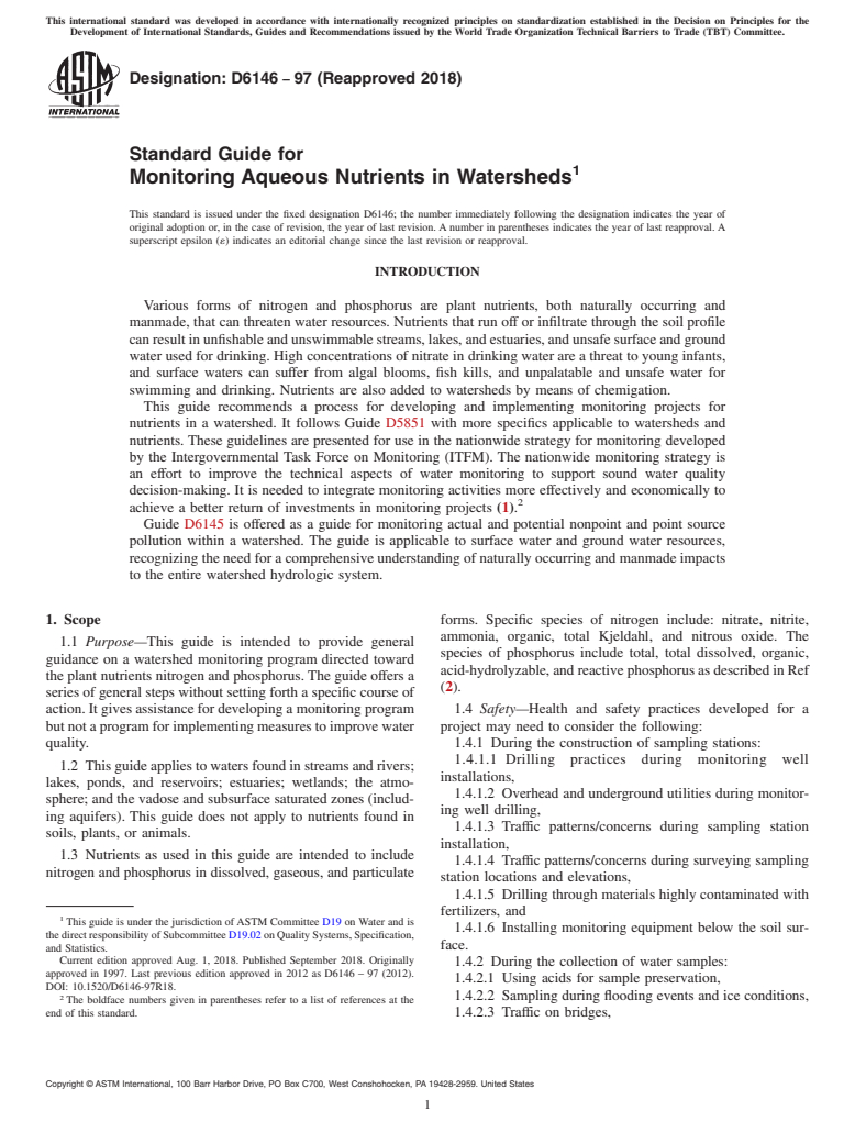 ASTM D6146-97(2018) - Standard Guide for  Monitoring Aqueous Nutrients in Watersheds