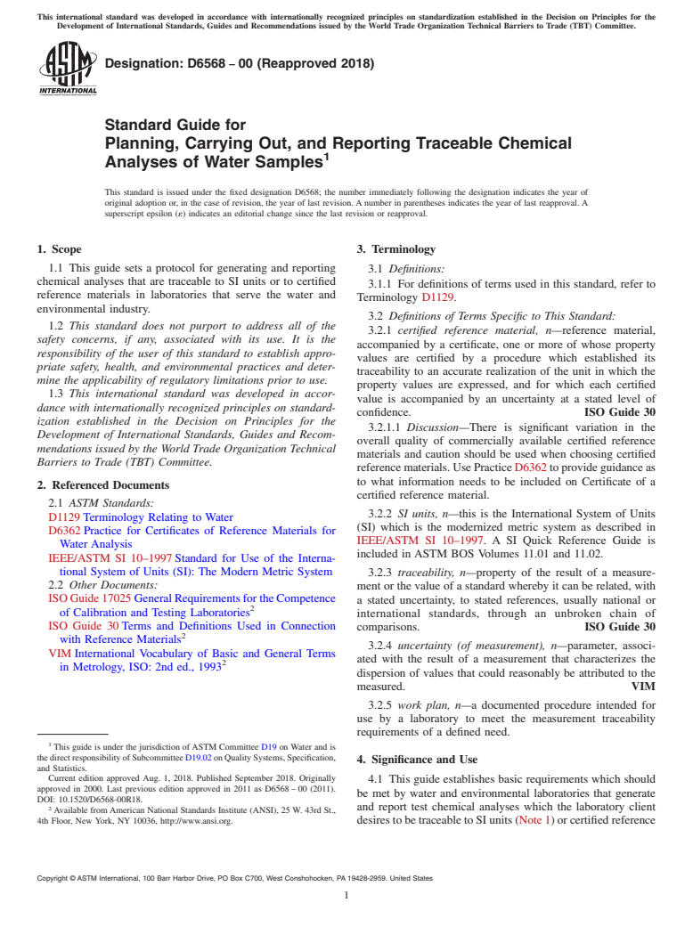 ASTM D6568-00(2018) - Standard Guide for  Planning, Carrying Out, and Reporting Traceable Chemical Analyses  of Water Samples