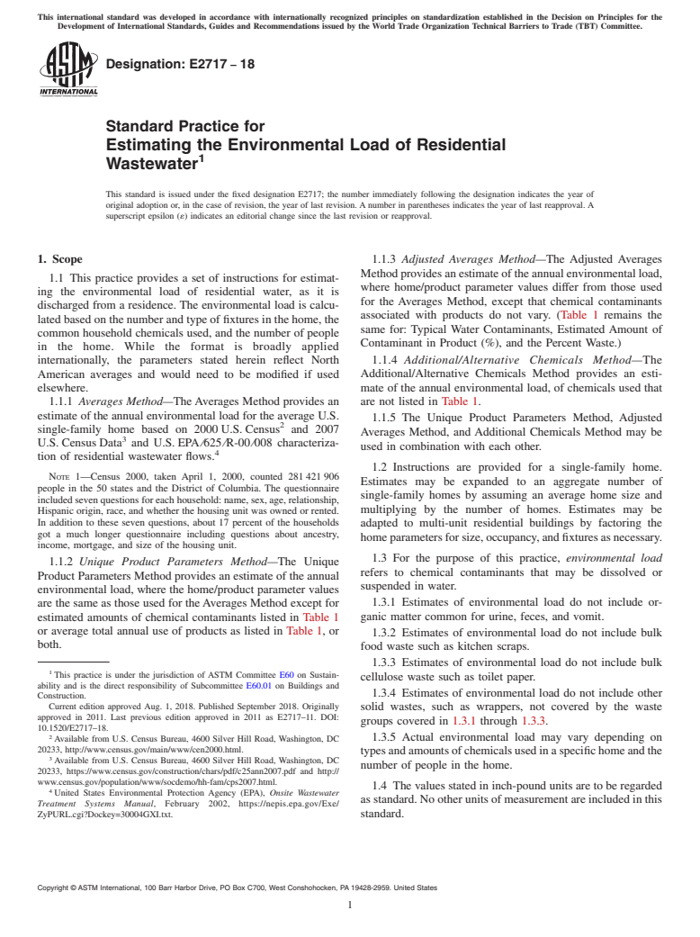 ASTM E2717-18 - Standard Practice for Estimating the Environmental Load of Residential Wastewater