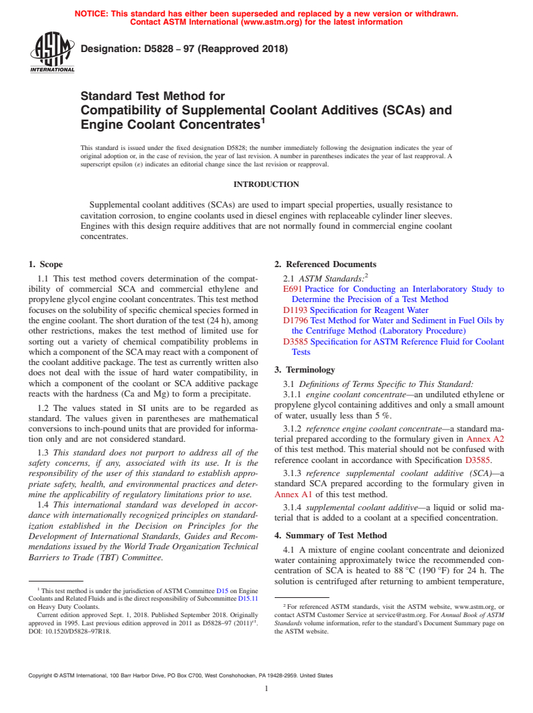 ASTM D5828-97(2018) - Standard Test Method for Compatibility of Supplemental Coolant Additives (SCAs) and  Engine Coolant Concentrates