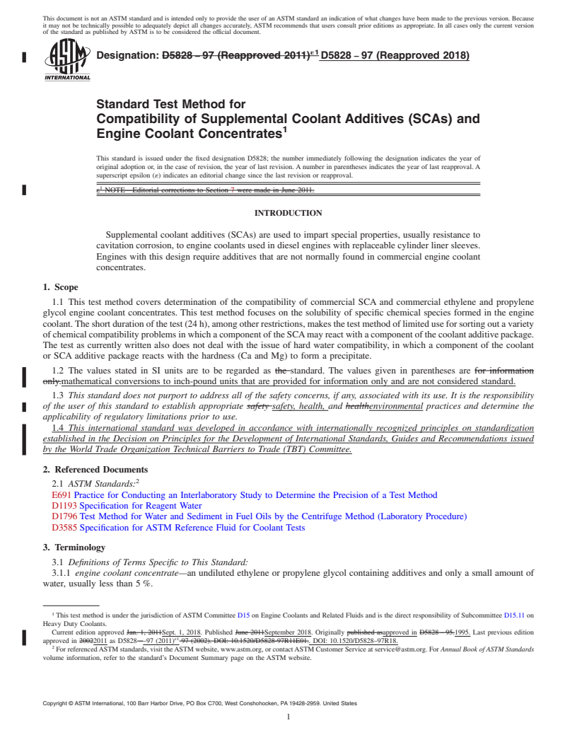 REDLINE ASTM D5828-97(2018) - Standard Test Method for Compatibility of Supplemental Coolant Additives (SCAs) and  Engine Coolant Concentrates