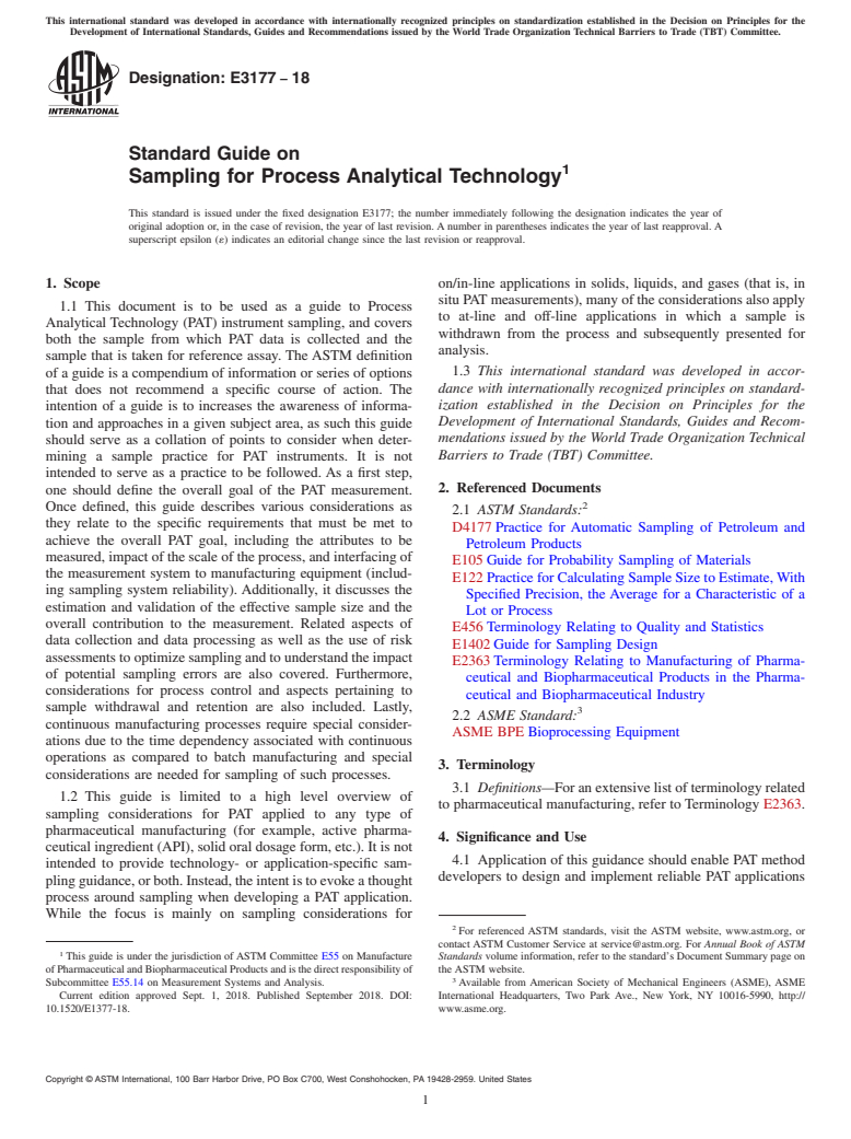 ASTM E3177-18 - Standard Guide on Sampling for Process Analytical Technology