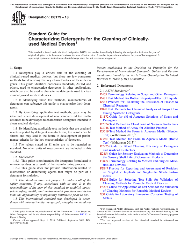 ASTM D8179-18 - Standard Guide for Characterizing Detergents for the Cleaning of Clinically-used  Medical Devices