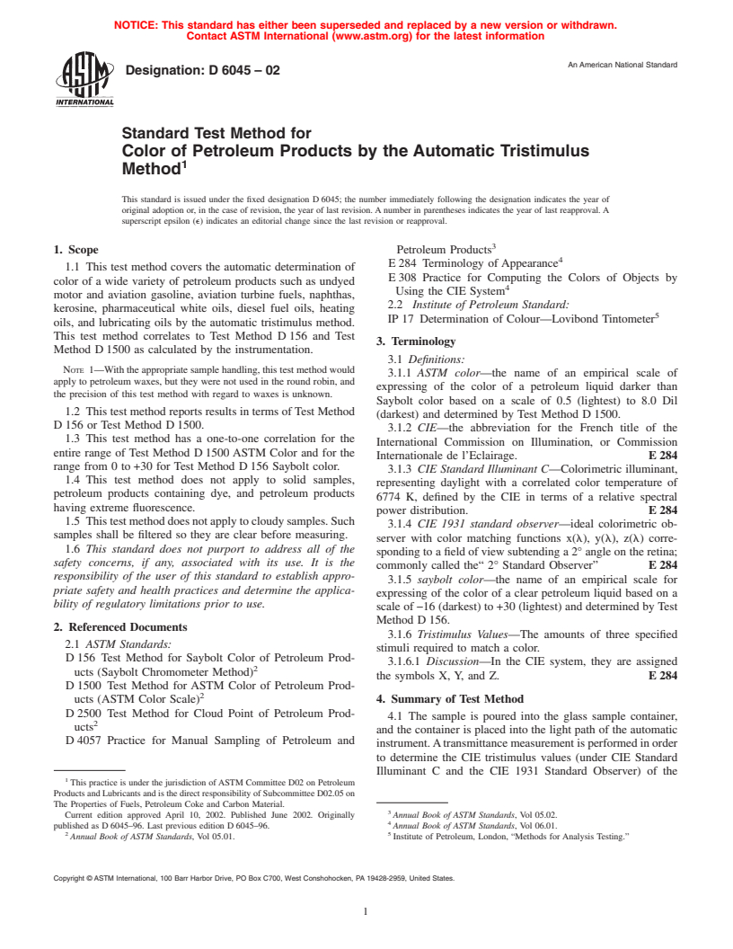 ASTM D6045-02 - Standard Test Method for Color of Petroleum Products by the Automatic Tristimulus Method