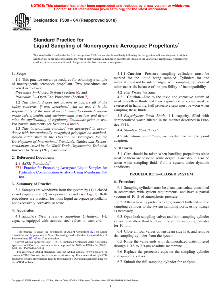 ASTM F309-04(2018) - Standard Practice for  Liquid Sampling of Noncryogenic Aerospace Propellants