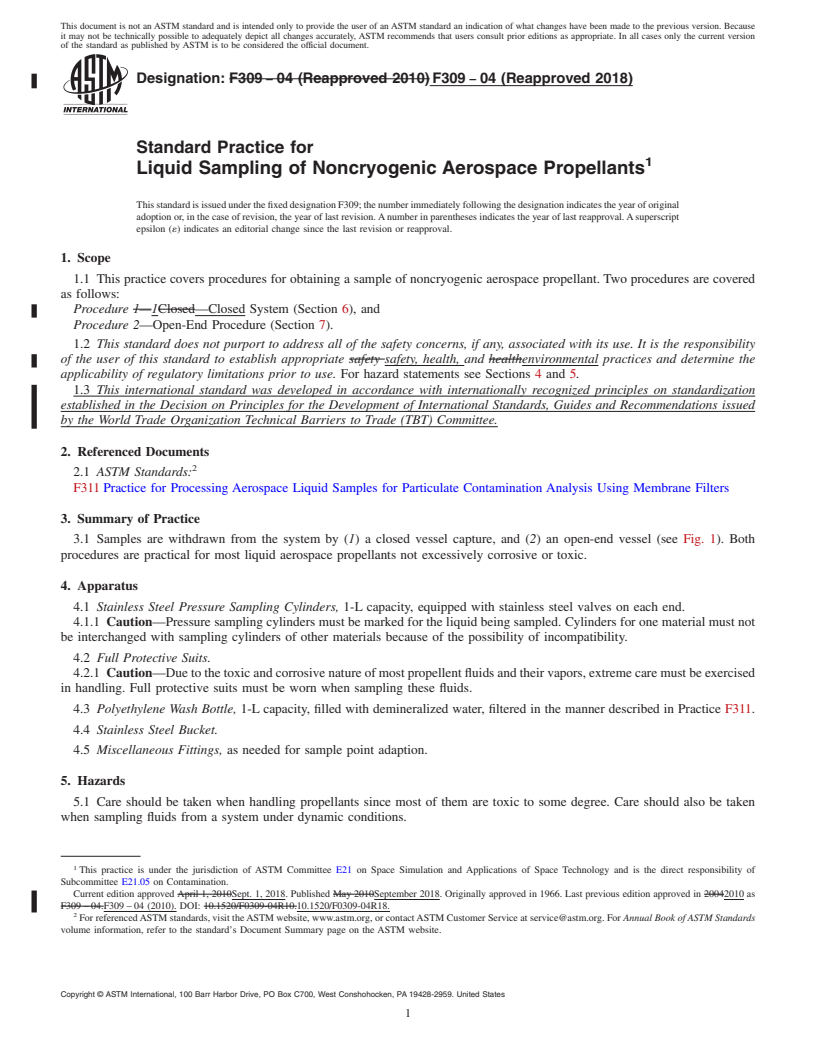 REDLINE ASTM F309-04(2018) - Standard Practice for  Liquid Sampling of Noncryogenic Aerospace Propellants