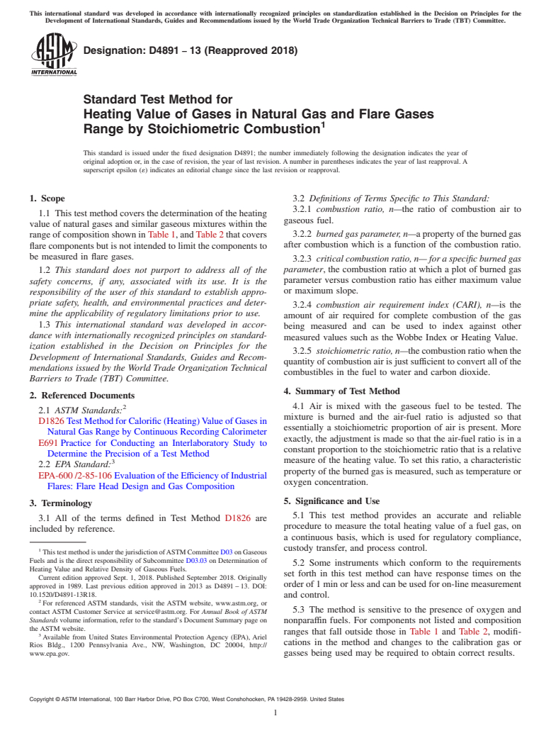 ASTM D4891-13(2018) - Standard Test Method for  Heating Value of Gases in Natural Gas and Flare Gases Range  by Stoichiometric Combustion