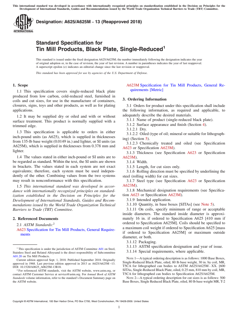 ASTM A625/A625M-13(2018) - Standard Specification for  Tin Mill Products, Black Plate, Single-Reduced