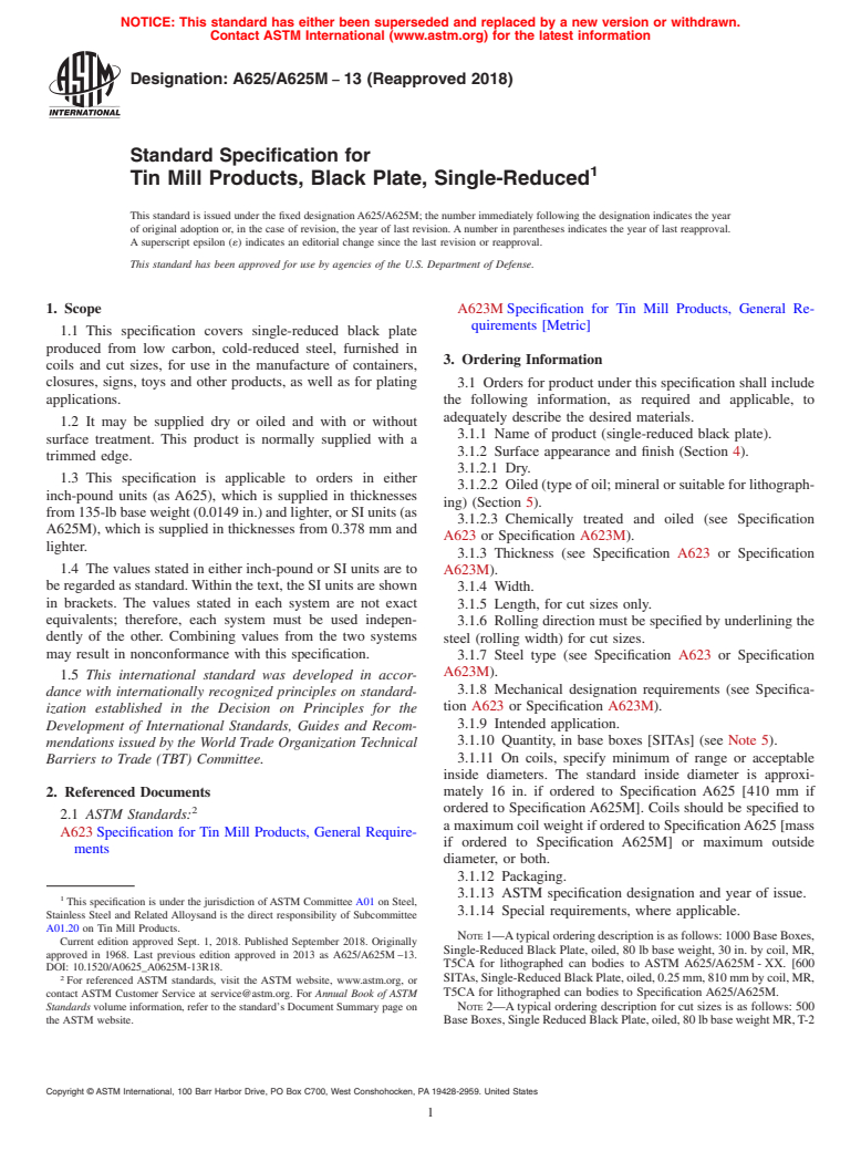 ASTM A625/A625M-13(2018) - Standard Specification for  Tin Mill Products, Black Plate, Single-Reduced