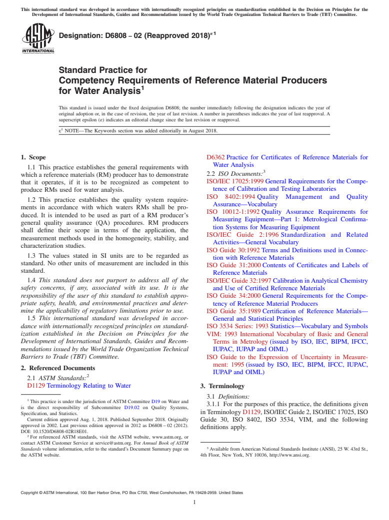 ASTM D6808-02(2018)e1 - Standard Practice for  Competency Requirements of Reference Material Producers for  Water Analysis