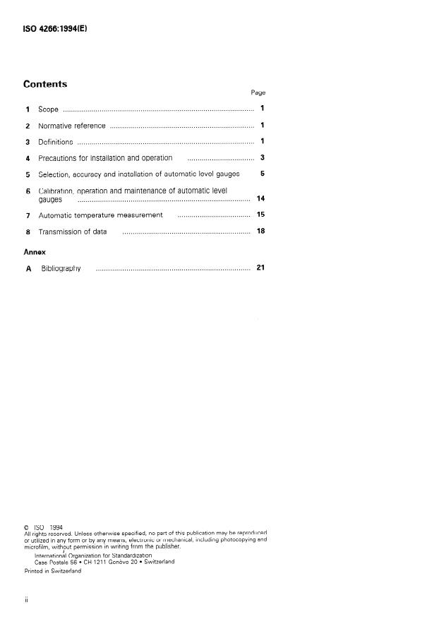 ISO 4266:1994 ISO 4266:1994 - Petroleum and liquid petroleum products -- Measurement of temperature and level in storage tanks -- Automatic methods - Page 2 preview