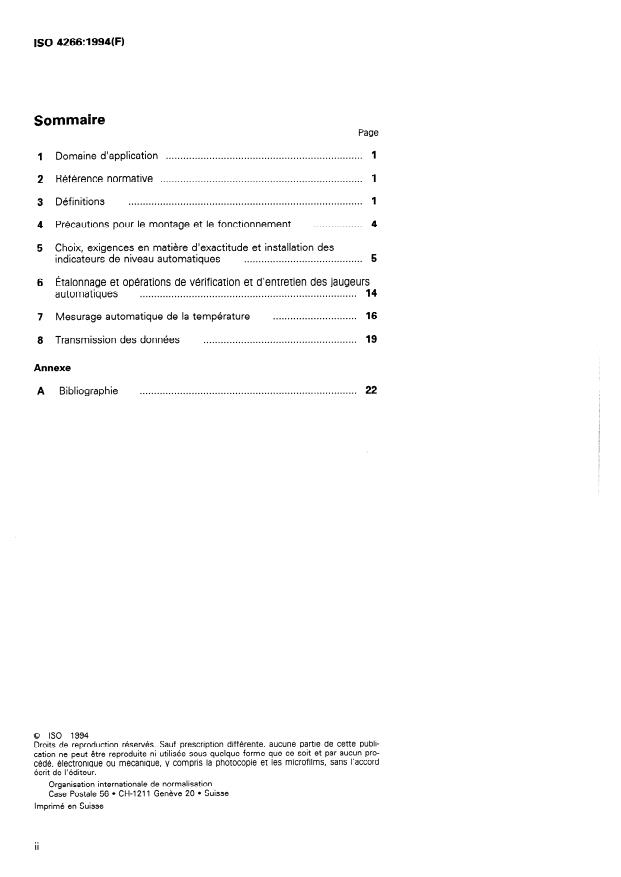 ISO 4266:1994 ISO 4266:1994 - Pétrole et produits pétroliers liquides -- Mesurages directs de la température et du niveau dans les réservoirs de stockage -- Méthodes automatiques - Page 2 preview