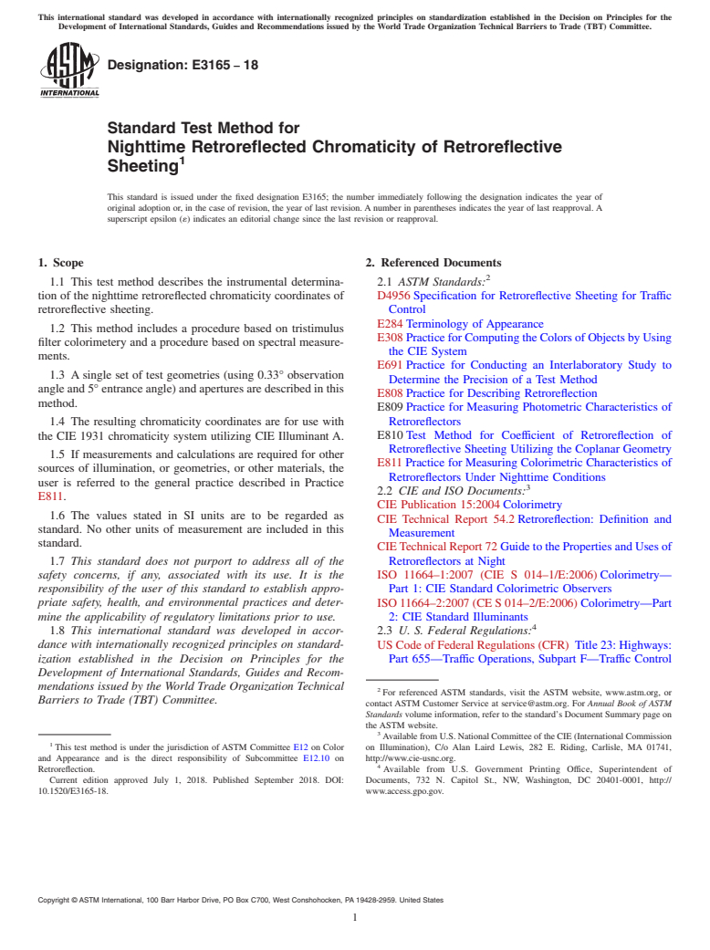 ASTM E3165-18 - Standard Test Method for Nighttime Retroreflected Chromaticity of Retroreflective Sheeting