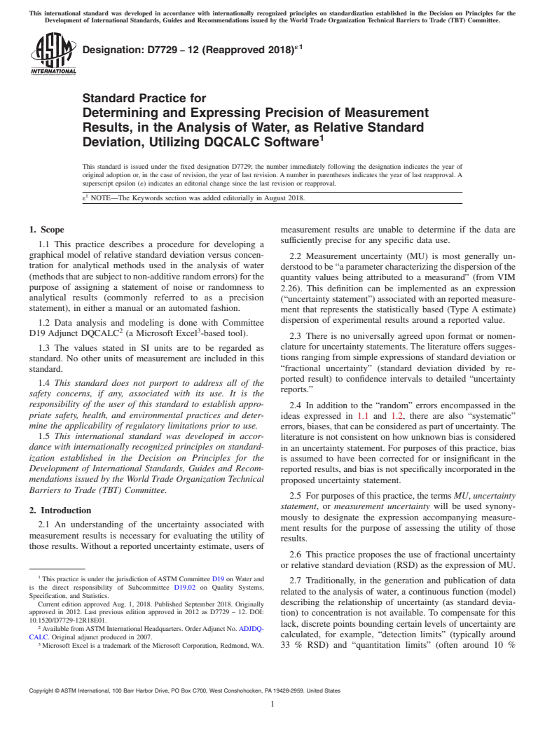 ASTM D7729-12(2018)e1 - Standard Practice for  Determining and Expressing Precision of Measurement Results,  in the Analysis of Water, as Relative Standard Deviation, Utilizing  DQCALC Software