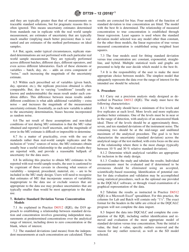 ASTM D7729-12(2018)e1 - Standard Practice for  Determining and Expressing Precision of Measurement Results,  in the Analysis of Water, as Relative Standard Deviation, Utilizing  DQCALC Software