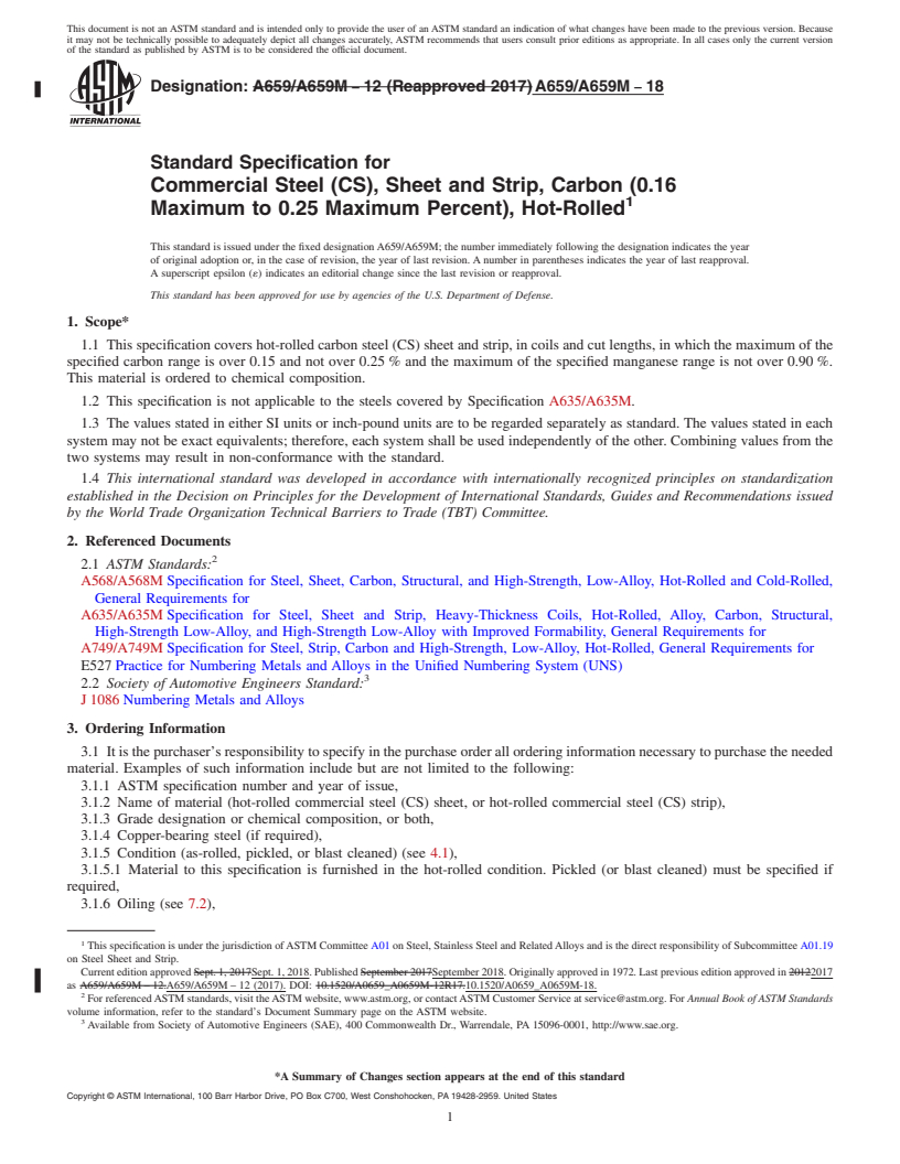 REDLINE ASTM A659/A659M-18 - Standard Specification for  Commercial Steel (CS), Sheet and Strip, Carbon (0.16 Maximum  to 0.25 Maximum Percent), Hot-Rolled