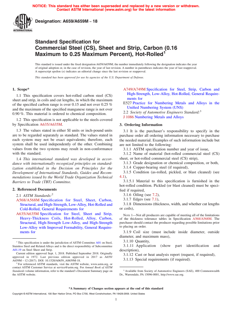 ASTM A659/A659M-18 - Standard Specification for  Commercial Steel (CS), Sheet and Strip, Carbon (0.16 Maximum  to 0.25 Maximum Percent), Hot-Rolled