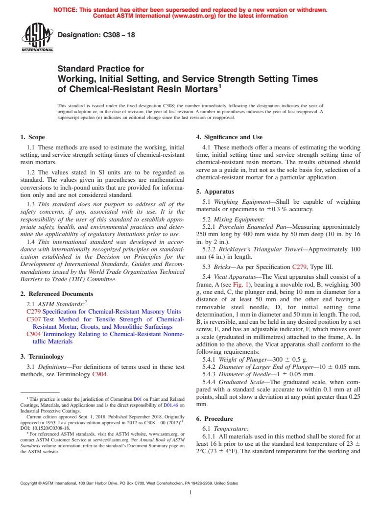 ASTM C308-18 - Standard Practice for Working, Initial Setting, and Service Strength Setting Times  of Chemical-Resistant Resin Mortars