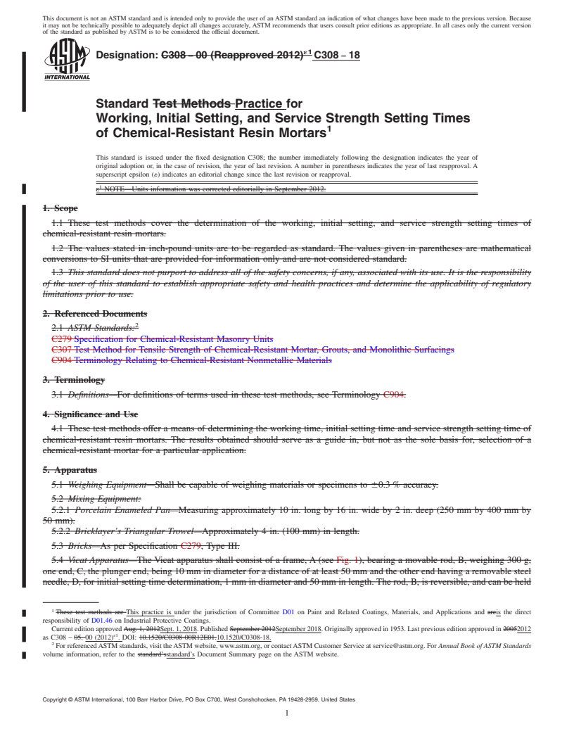 REDLINE ASTM C308-18 - Standard Practice for Working, Initial Setting, and Service Strength Setting Times  of Chemical-Resistant Resin Mortars