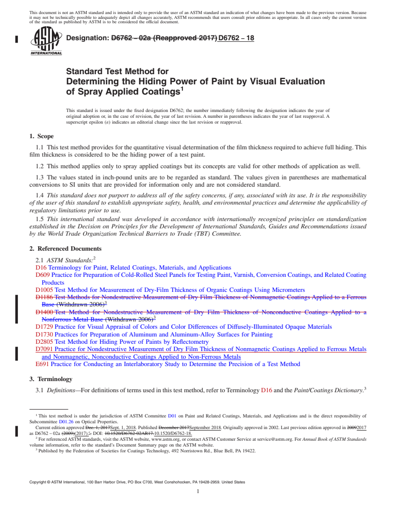 REDLINE ASTM D6762-18 - Standard Test Method for Determining the Hiding Power of Paint by Visual Evaluation  of Spray    Applied Coatings