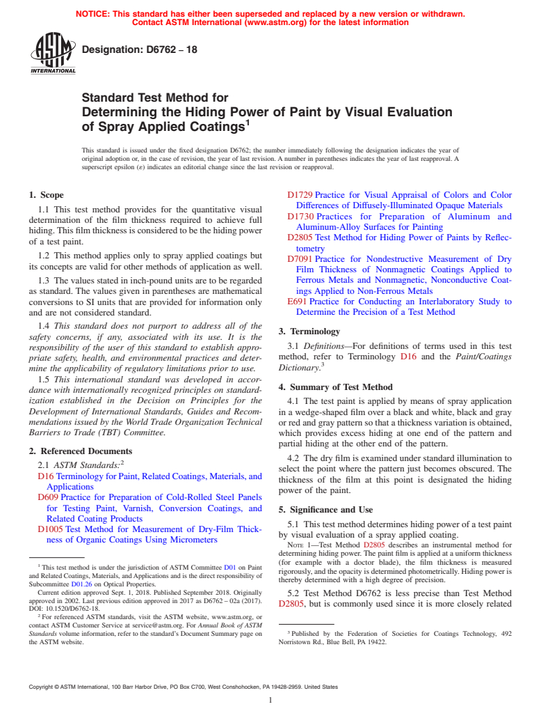 ASTM D6762-18 - Standard Test Method for Determining the Hiding Power of Paint by Visual Evaluation  of Spray    Applied Coatings