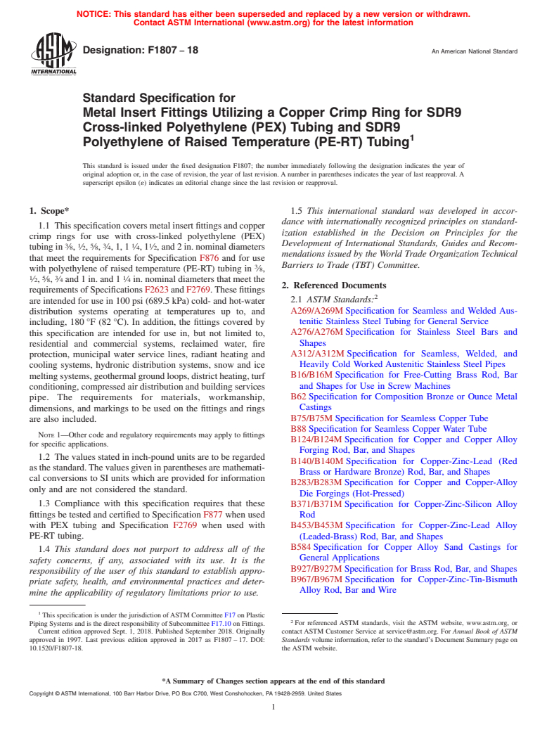 ASTM F1807-18 - Standard Specification for  Metal Insert Fittings Utilizing a Copper Crimp Ring for SDR9   Cross-linked Polyethylene (PEX) Tubing and SDR9 Polyethylene of Raised   Temperature (PE-RT) Tubing